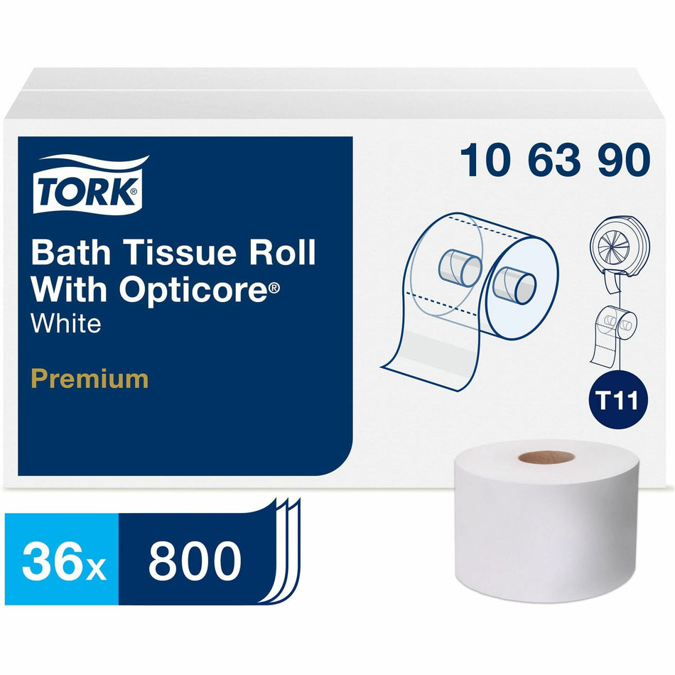 TORK Premium Bath Tissue Roll with OptiCore - 2 Ply - 3.80" Width x 266.67 ft Length - 800 Sheets/Roll - 5.60" Roll Diameter - 1 45/64" Core - Floral Embossing Pattern - White - Paper - 36 / Carton