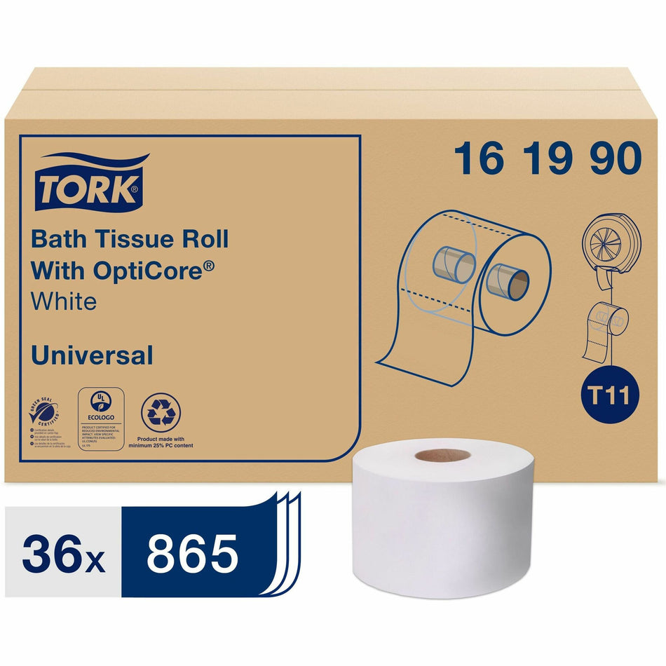 TORK Universal Bath Tissue Roll with OptiCore - 2 Ply - 3.80" Width x 288.30 ft Length - 865 Sheets/Roll - 5.60" Roll Diameter - 1 45/64" Core - White - Paper - 36 / Carton