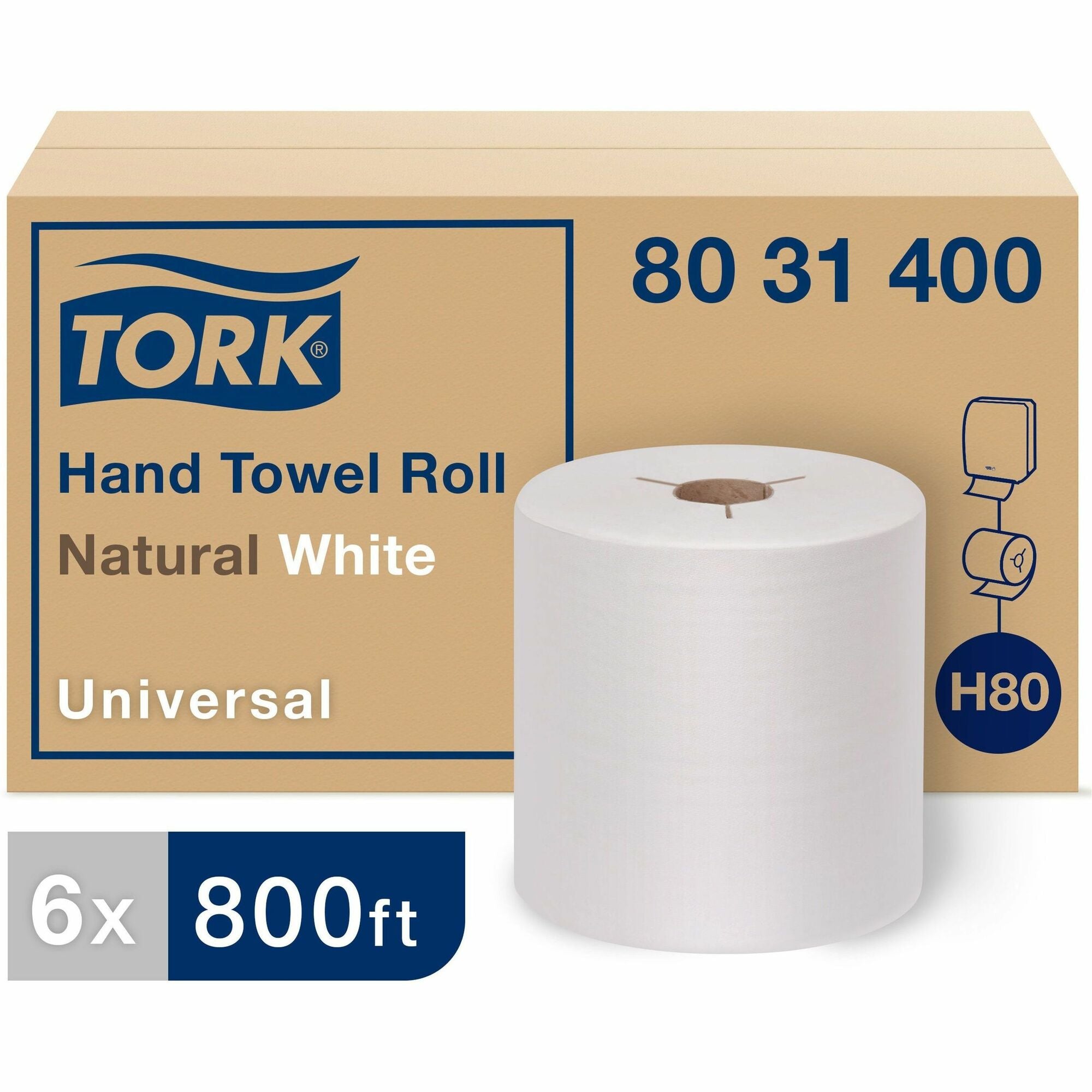 TORK Universal Hand Towel Roll - 1 Ply - 8" Width x 800 ft Length - 7.80" Roll Diameter - 1 29/32" Core - Natural, White - Paper - 6 / Carton