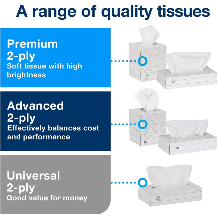 TORK Universal Facial Tissue Flat Box - 2 Ply - 7.90" Width x 8.20" Length - White - Paper - 100/Box - 30 / Carton