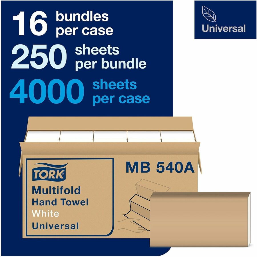 TORK Multifold Hand Towels - 1 Ply - Multifold - 9.13" Width x 9.50" Length - White - Fiber - 250/Pack - 16 / Carton