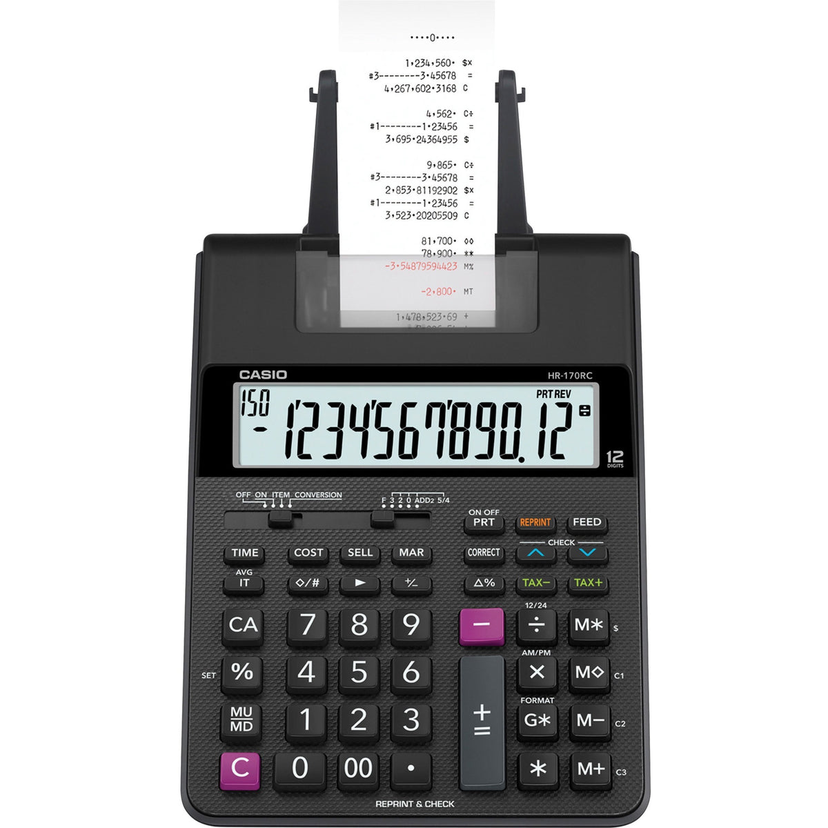 Casio HR-170RC Printing Calculator - Dual Power, Two-color Printing, Easy-to-read Display, Sign Change, Compact - 12 Digits - LCD - AC Supply/Battery Powered - 4 x AA - 2.6" Height x 6.5" Width x 11.6" Length - Black - Portable - 1 Each