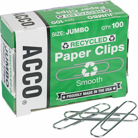 ACCO Recycled Paper Clips - Jumbo - 1.6" Length - 20 Sheet Capacity - for Paper - Reusable, Durable - Silver - 100/Box - 10 / Pack