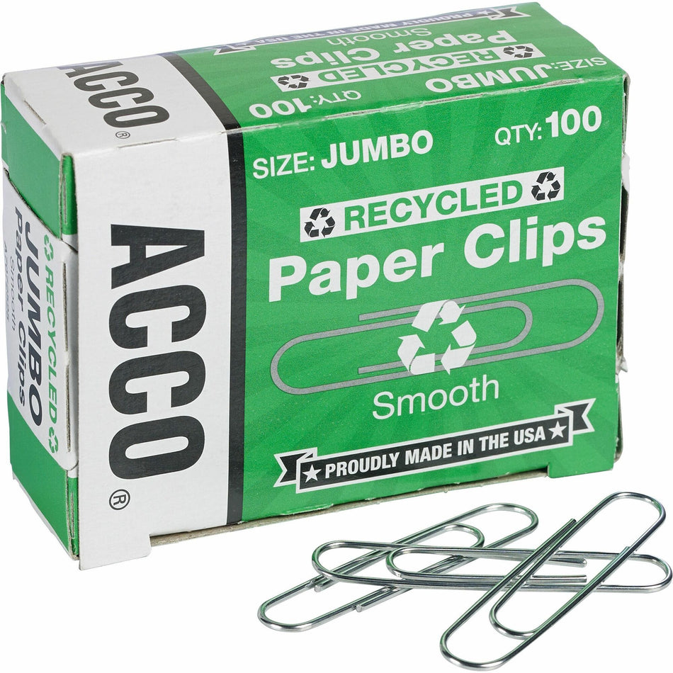 ACCO Recycled Paper Clips - Jumbo - 1.6" Length - 20 Sheet Capacity - for Paper - Reusable, Durable - Silver - 100/Box - 10 / Pack
