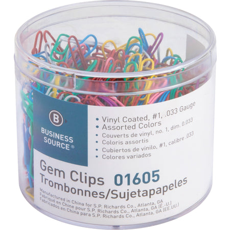 Business Source Vinyl-coated Gem Clips - Small - No. 1 - 1.8" Length x 0.5" Width - for Paper - Rust Resistant - Assorted - 500 / Box