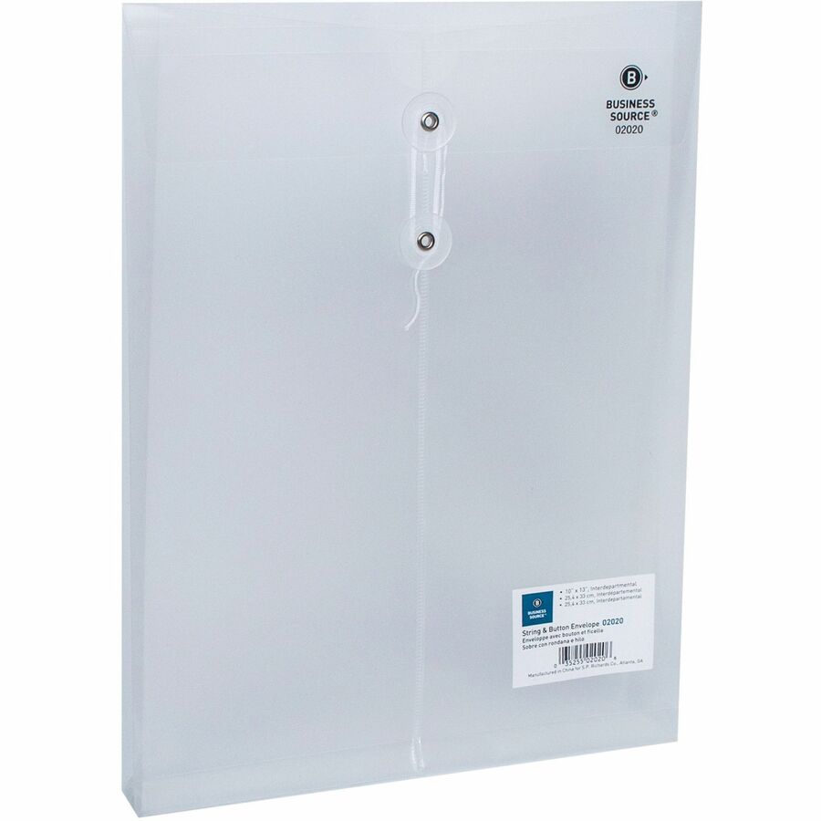 Business Source String Closure Top-open Poly Envelope - Inter-department - 10" Width x 13" Length - String/Button - Clear - 1 Each