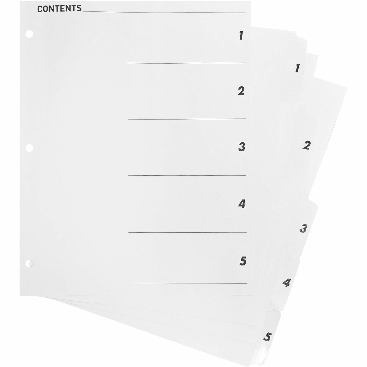 Business Source Table of Content Quick Index Dividers - Printed Tab(s) - Digit - 1-5 - 5 Tab(s)/Set - 8.5" Divider Width x 11" Divider Length - 3 Hole Punched - White Divider - White Mylar Tab(s) - 5 / Set