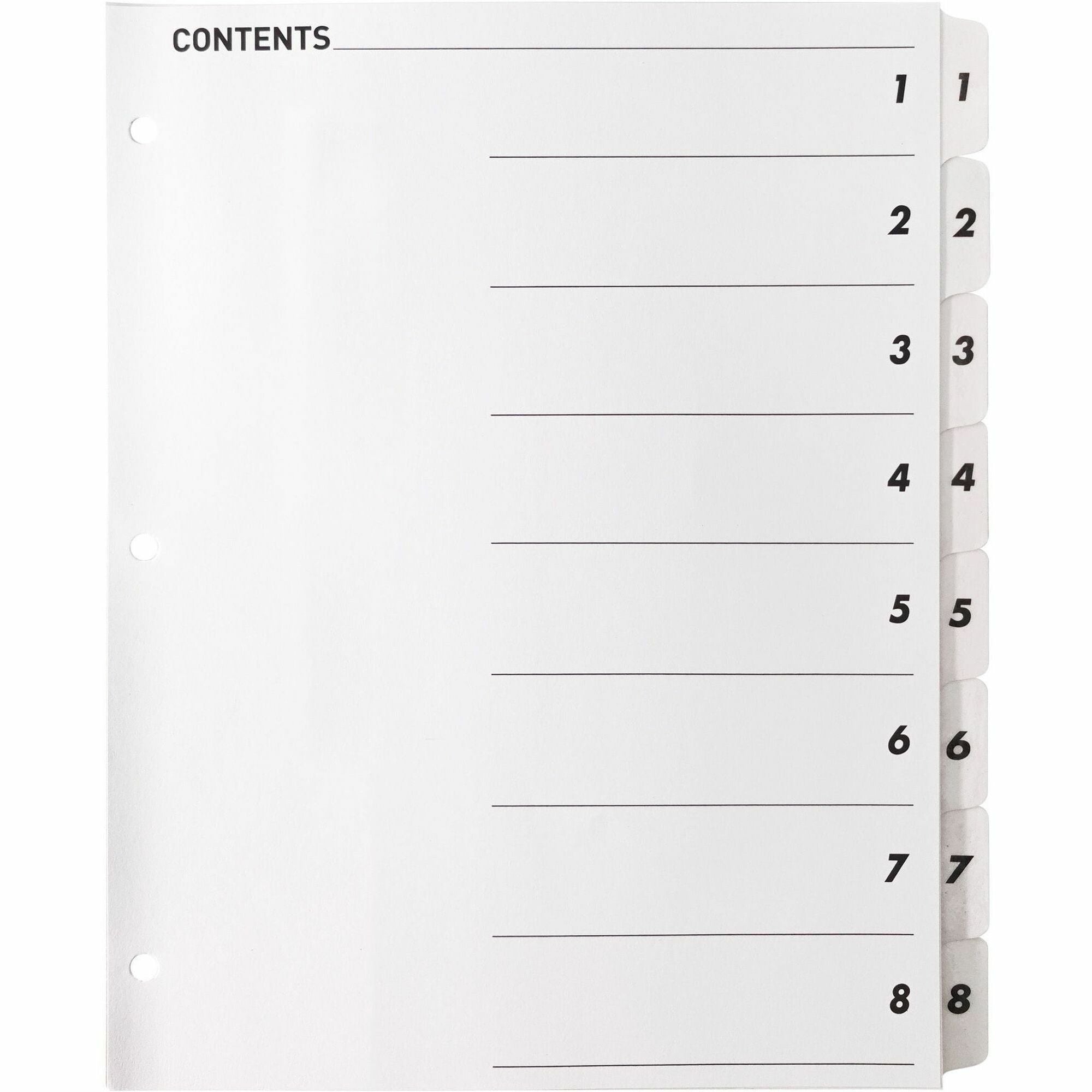 Business Source Table of Content Quick Index Dividers - Printed Tab(s) - Digit - 1-8 - 8 Tab(s)/Set - 8.5" Divider Width x 11" Divider Length - 3 Hole Punched - White Divider - White Mylar Tab(s) - 8 / Set
