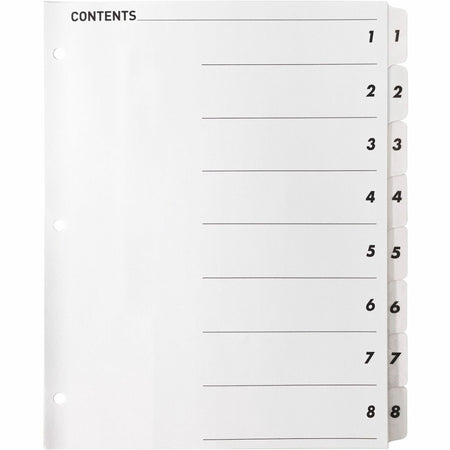Business Source Table of Content Quick Index Dividers - Printed Tab(s) - Digit - 1-8 - 8 Tab(s)/Set - 8.5" Divider Width x 11" Divider Length - 3 Hole Punched - White Divider - White Mylar Tab(s) - 8 / Set