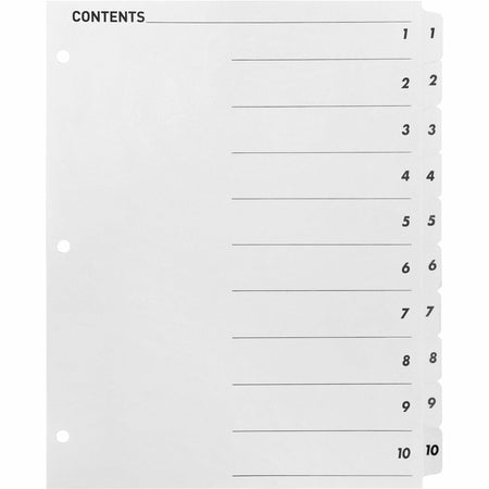 Business Source Table of Content Quick Index Dividers - Printed Tab(s) - Digit - 1-10 - 10 Tab(s)/Set - 8.5" Divider Width x 11" Divider Length - 3 Hole Punched - White Divider - White Mylar Tab(s) - 10 / Set