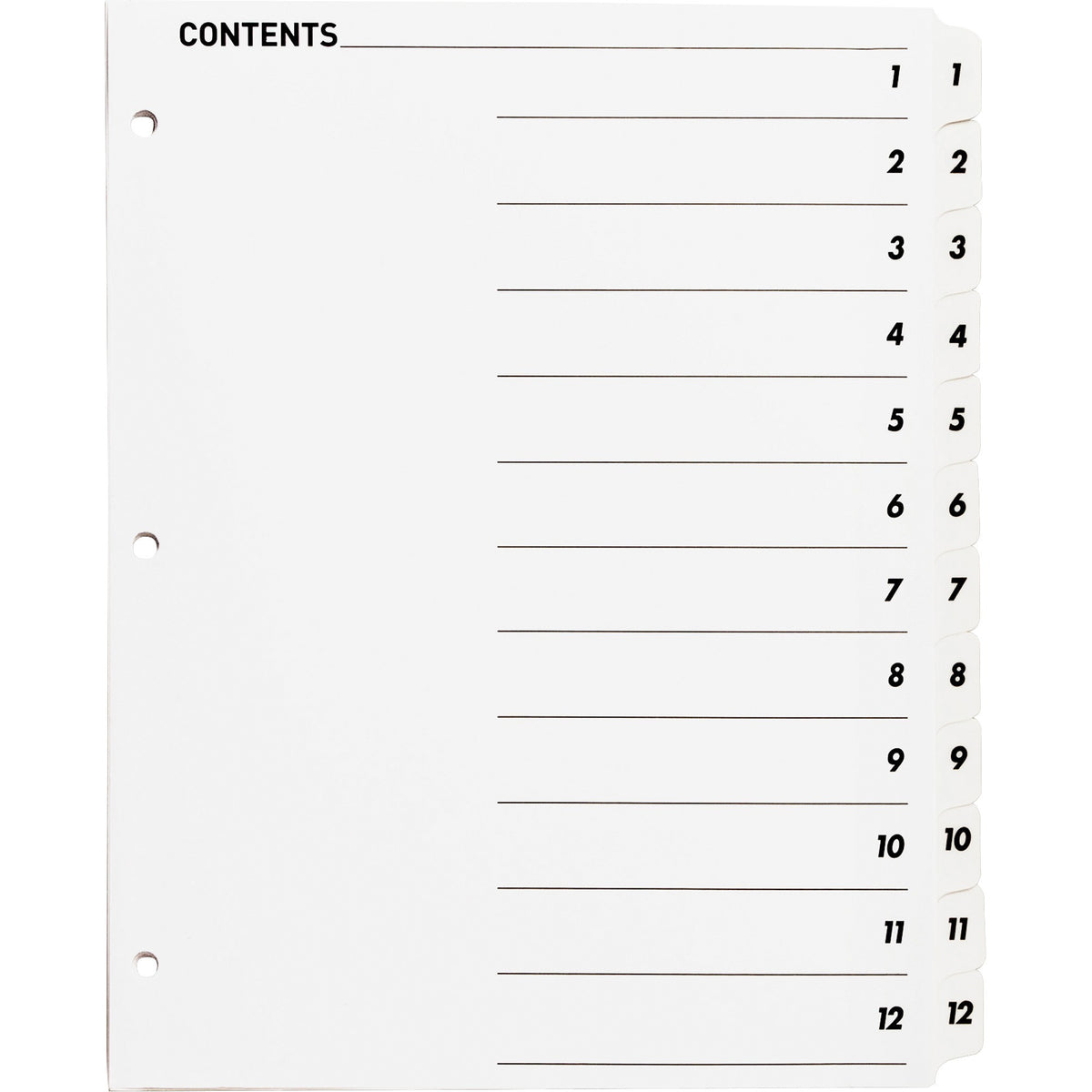 Business Source Table of Content Quick Index Dividers - Printed Tab(s) - Digit - 1-12 - 12 Tab(s)/Set - 8.5" Divider Width x 11" Divider Length - 3 Hole Punched - White Divider - White Mylar Tab(s) - 12 / Set