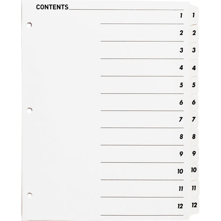 Business Source Table of Content Quick Index Dividers - Printed Tab(s) - Digit - 1-12 - 12 Tab(s)/Set - 8.5" Divider Width x 11" Divider Length - 3 Hole Punched - White Divider - White Mylar Tab(s) - 12 / Set