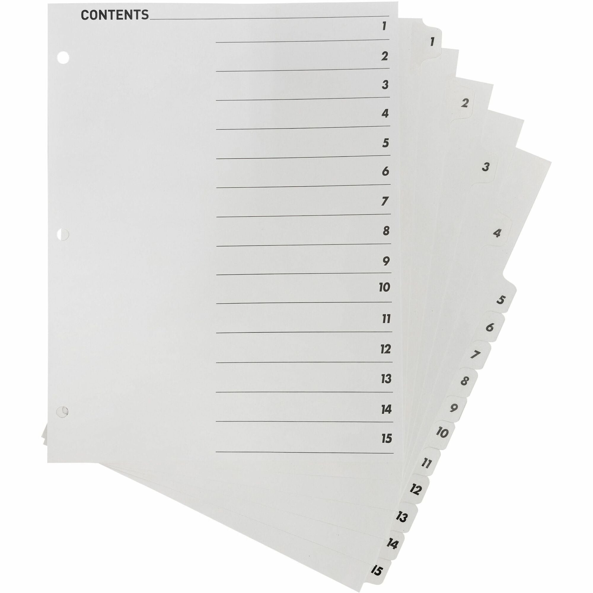 Business Source Table of Content Quick Index Dividers - Printed Tab(s) - Digit - 1-15 - 15 Tab(s)/Set - 8.5" Divider Width x 11" Divider Length - 3 Hole Punched - White Divider - White Mylar Tab(s) - 15 / Set
