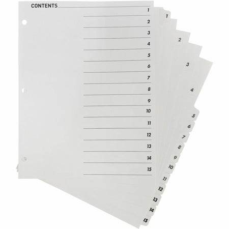 Business Source Table of Content Quick Index Dividers - Printed Tab(s) - Digit - 1-15 - 15 Tab(s)/Set - 8.5" Divider Width x 11" Divider Length - 3 Hole Punched - White Divider - White Mylar Tab(s) - 15 / Set