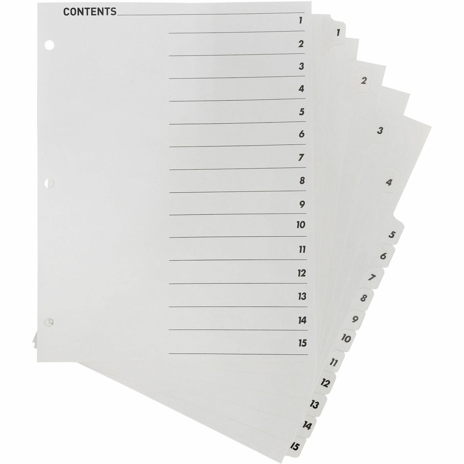 Business Source Table of Content Quick Index Dividers - Printed Tab(s) - Digit - 1-15 - 15 Tab(s)/Set - 8.5" Divider Width x 11" Divider Length - 3 Hole Punched - White Divider - White Mylar Tab(s) - 15 / Set