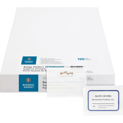 Business Source Pin Style Holder Name Badge Kit - Clear - 100 / Box - ID Badges & Supplies