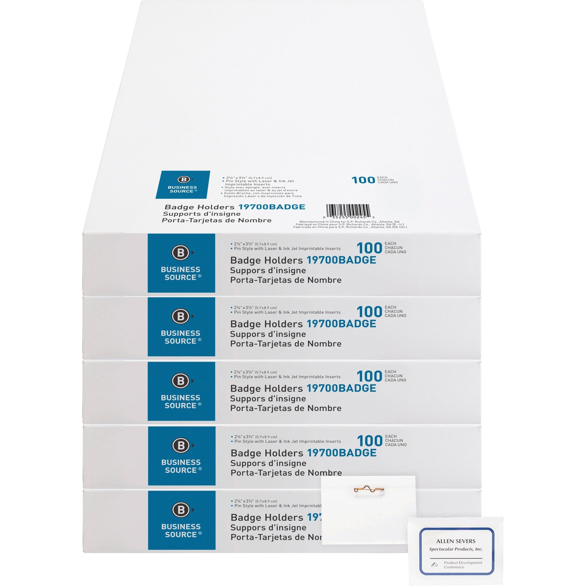 Business Source Pin-Style Holder Name Badge Kits - Clear - 100/Box - 5 / Bundle