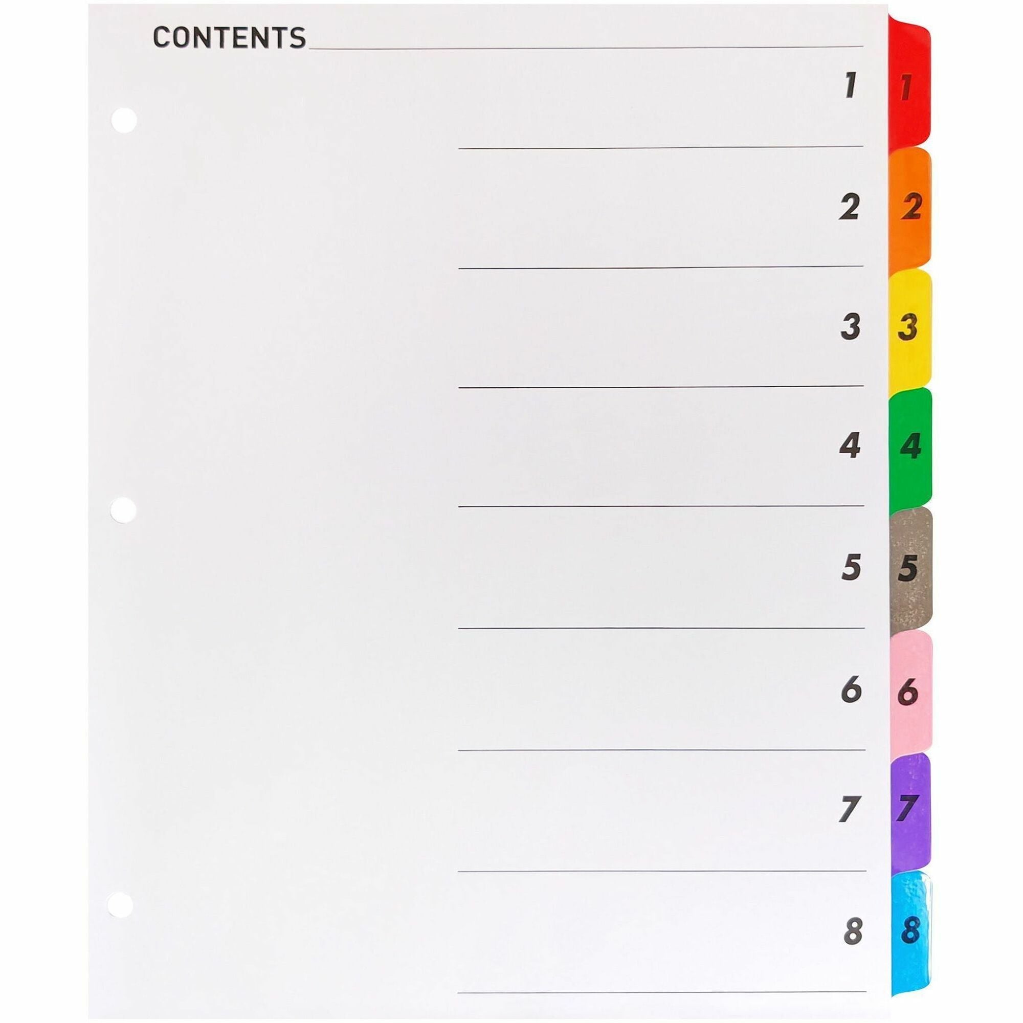 Business Source Table of Content Quick Index Dividers - Printed Tab(s) - Digit - 1-8 - 8 Tab(s)/Set - 8.5" Divider Width x 11" Divider Length - 3 Hole Punched - Multicolor Divider - Multicolor Mylar Tab(s) - 8 / Set