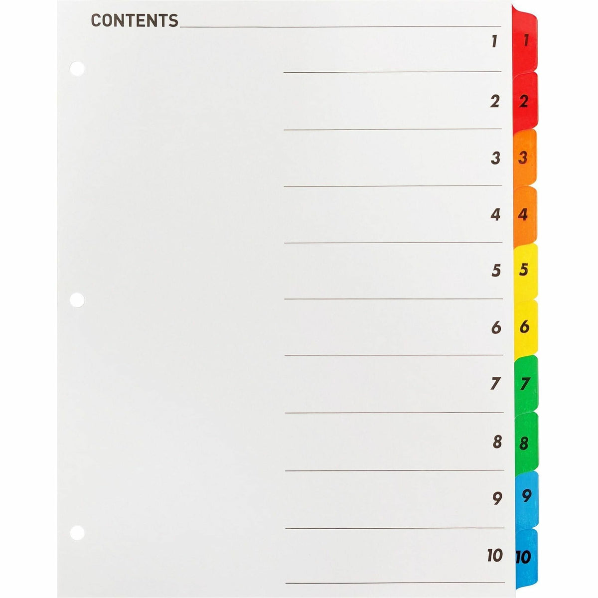Business Source Table of Content Quick Index Dividers - Printed Tab(s) - Digit - 1-10 - 10 Tab(s)/Set - 8.5" Divider Width x 11" Divider Length - 3 Hole Punched - Multicolor Divider - Multicolor Mylar Tab(s) - 10 / Set