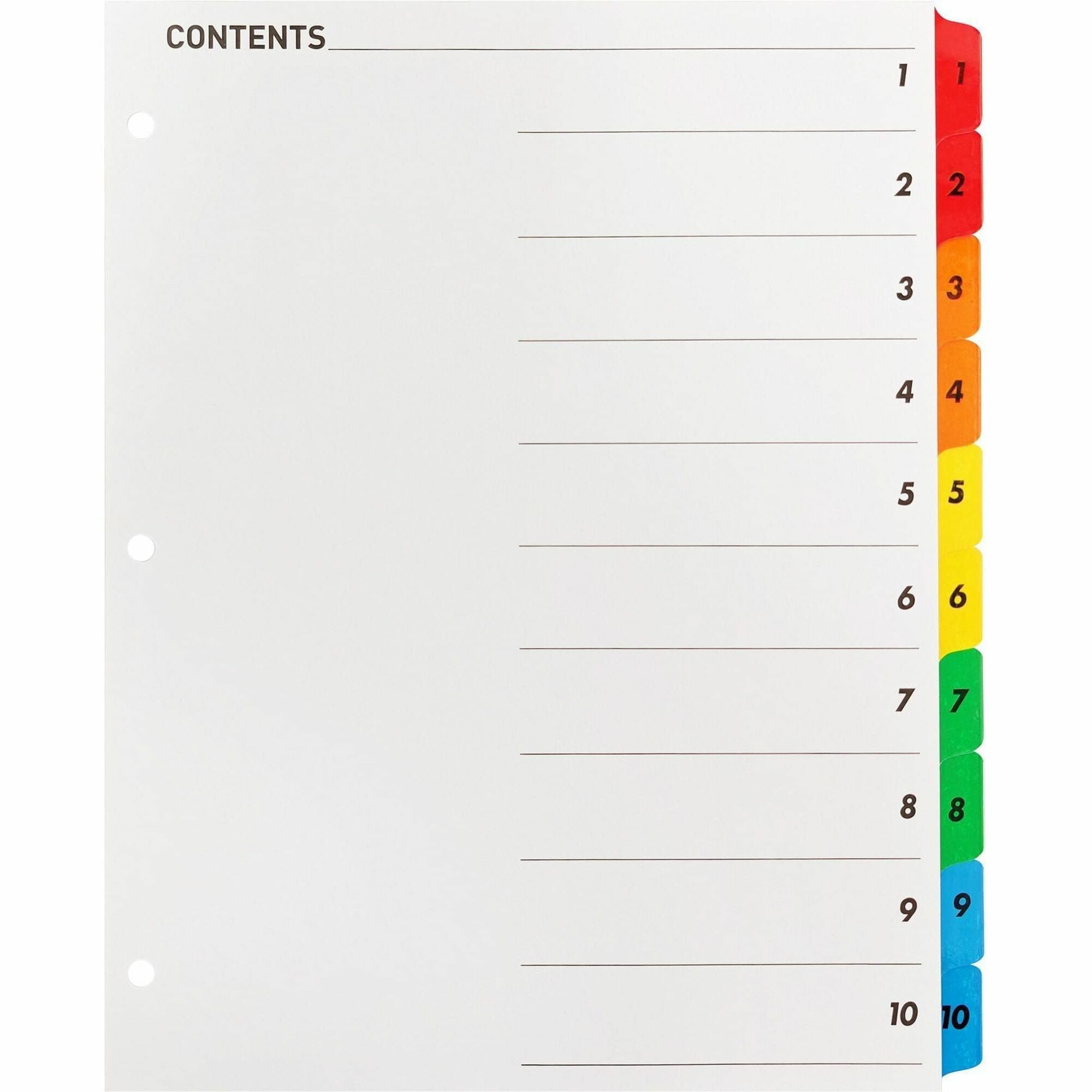 Business Source Table of Content Quick Index Dividers - Printed Tab(s) - Digit - 1-10 - 10 Tab(s)/Set - 8.5" Divider Width x 11" Divider Length - 3 Hole Punched - Multicolor Divider - Multicolor Mylar Tab(s) - 10 / Set