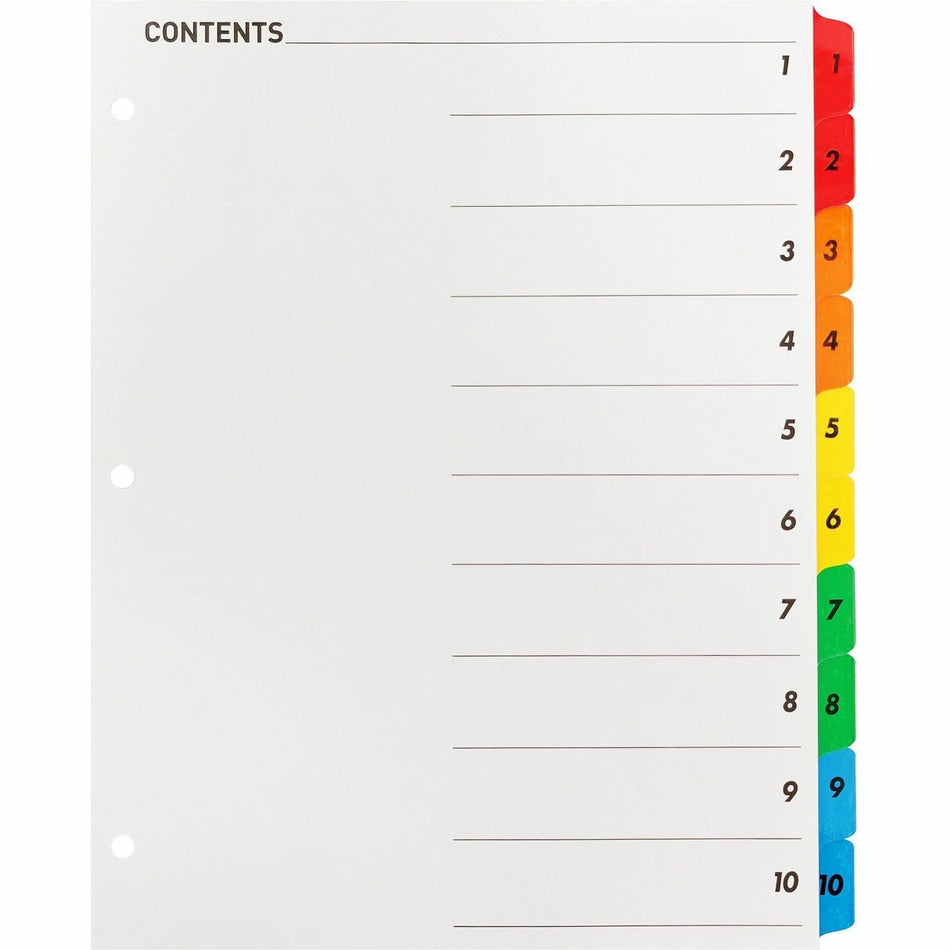 Business Source Table of Content Quick Index Dividers - Printed Tab(s) - Digit - 1-10 - 10 Tab(s)/Set - 8.5" Divider Width x 11" Divider Length - 3 Hole Punched - Multicolor Divider - Multicolor Mylar Tab(s) - 10 / Set