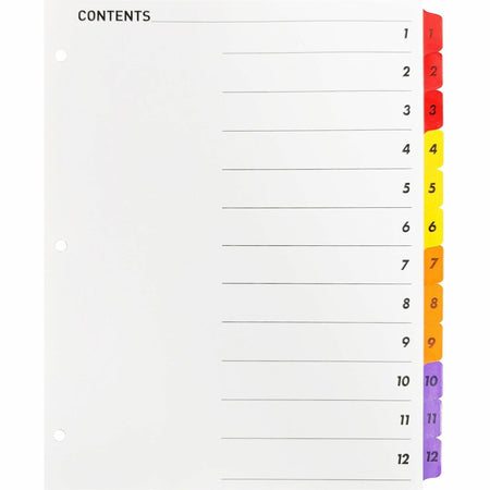 Business Source Table of Content Quick Index Dividers - Printed Tab(s) - Digit - 1-12 - 12 Tab(s)/Set - 8.5" Divider Width x 11" Divider Length - 3 Hole Punched - Multicolor Divider - Multicolor Mylar Tab(s) - 12 / Set