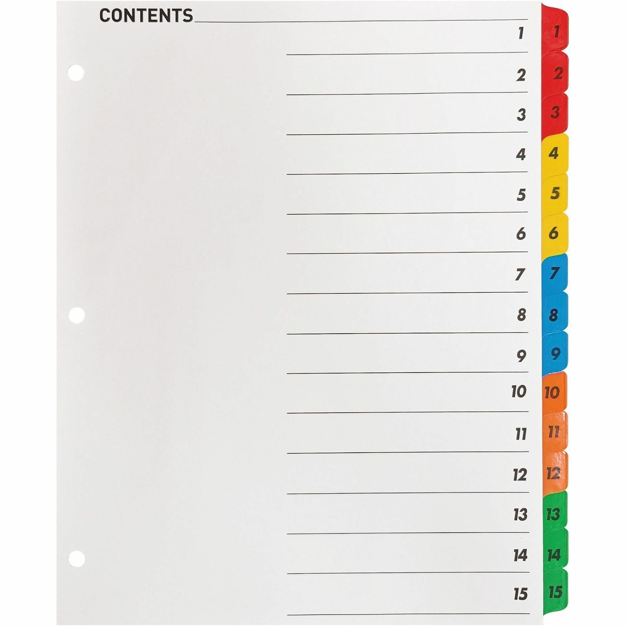 Business Source Table of Content Quick Index Dividers - Printed Tab(s) - Digit - 1-15 - 15 Tab(s)/Set - 8.5" Divider Width x 11" Divider Length - 3 Hole Punched - Multicolor Divider - Multicolor Mylar Tab(s) - 15 / Set