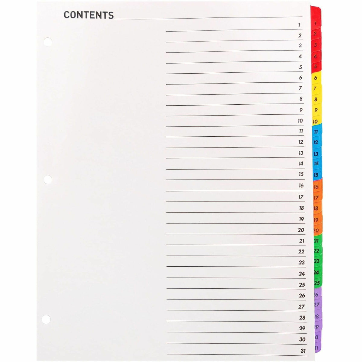 Business Source Table of Content Quick Index Dividers - Printed Tab(s) - Digit - 1-31 - 31 Tab(s)/Set - 8.5" Divider Width x 11" Divider Length - 3 Hole Punched - Multicolor Divider - Multicolor Mylar Tab(s) - 31 / Set