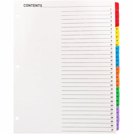 Business Source Table of Content Quick Index Dividers - Printed Tab(s) - Digit - 1-31 - 31 Tab(s)/Set - 8.5" Divider Width x 11" Divider Length - 3 Hole Punched - Multicolor Divider - Multicolor Mylar Tab(s) - 31 / Set