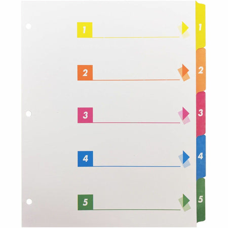 Business Source Color-coded Table of Contents/Tabs Index Dividers - Printed Tab(s) - Digit - 1-5 - 5 Tab(s)/Set - 3 Hole Punched - White Divider - Multicolor Mylar Tab(s) - 24 / Box