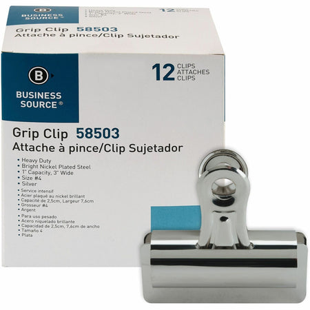 Business Source Bulldog Grip Clips - No. 4 - 3" Width - for Paper - Heavy Duty - Silver - 12 / Box