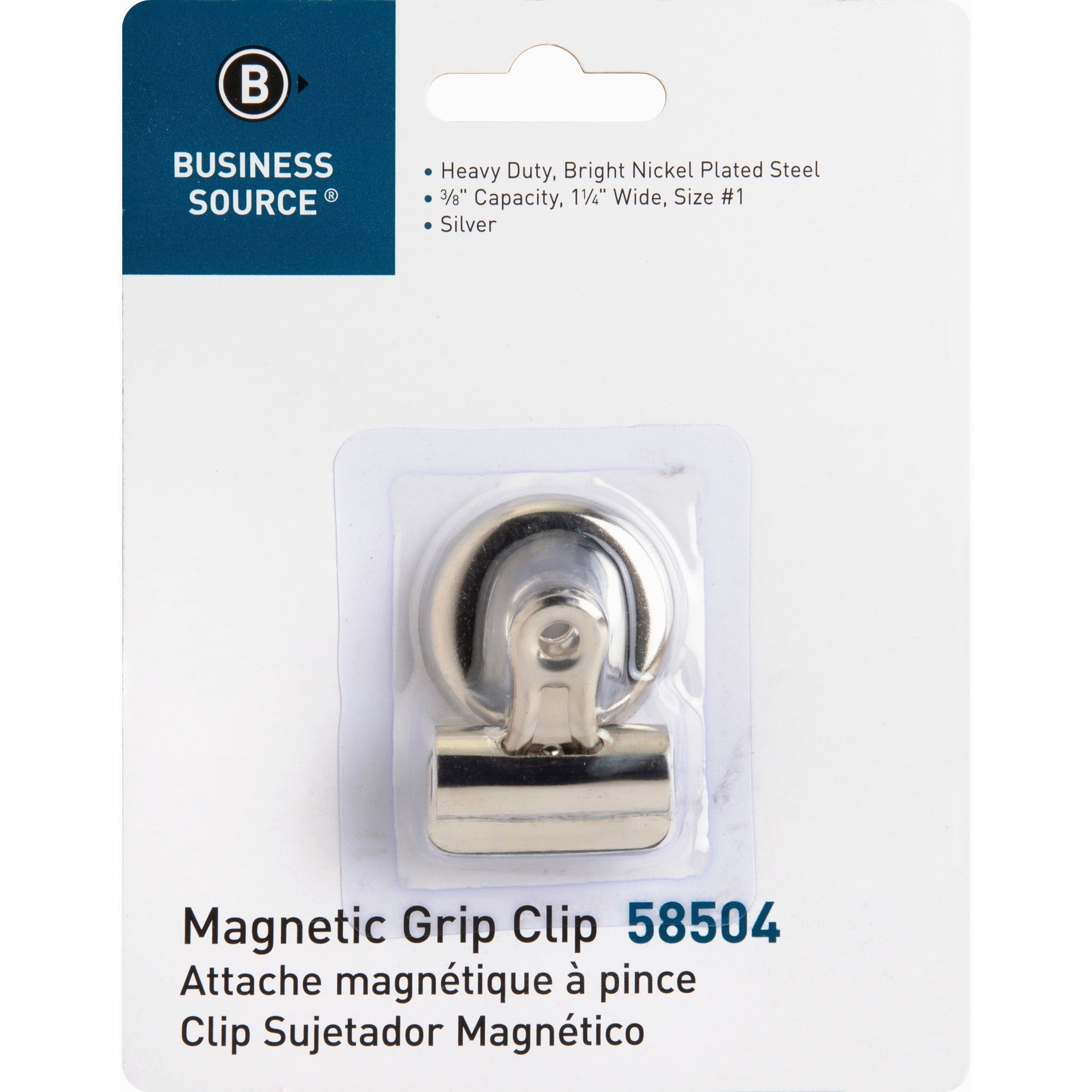 Business Source Magnetic Grip Clips - No. 1 - 1.3" Width - for Paper - Magnetic Backing, Heavy Duty - Silver - 1 Each