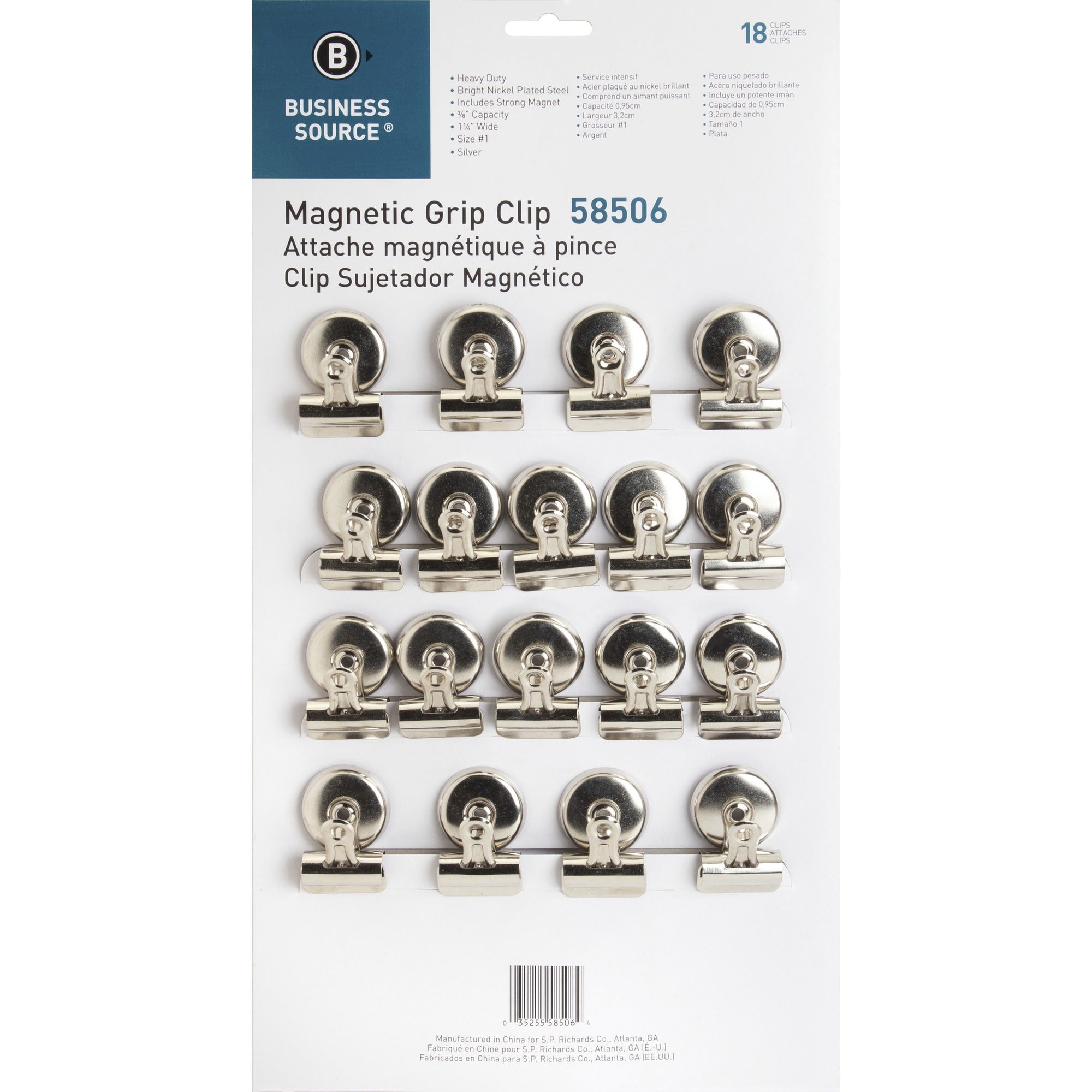 Business Source Magnetic Grip Clips Pack - No. 1 - 1.3" Width - for Paper - Magnetic, Heavy Duty - Silver - 18 / Box