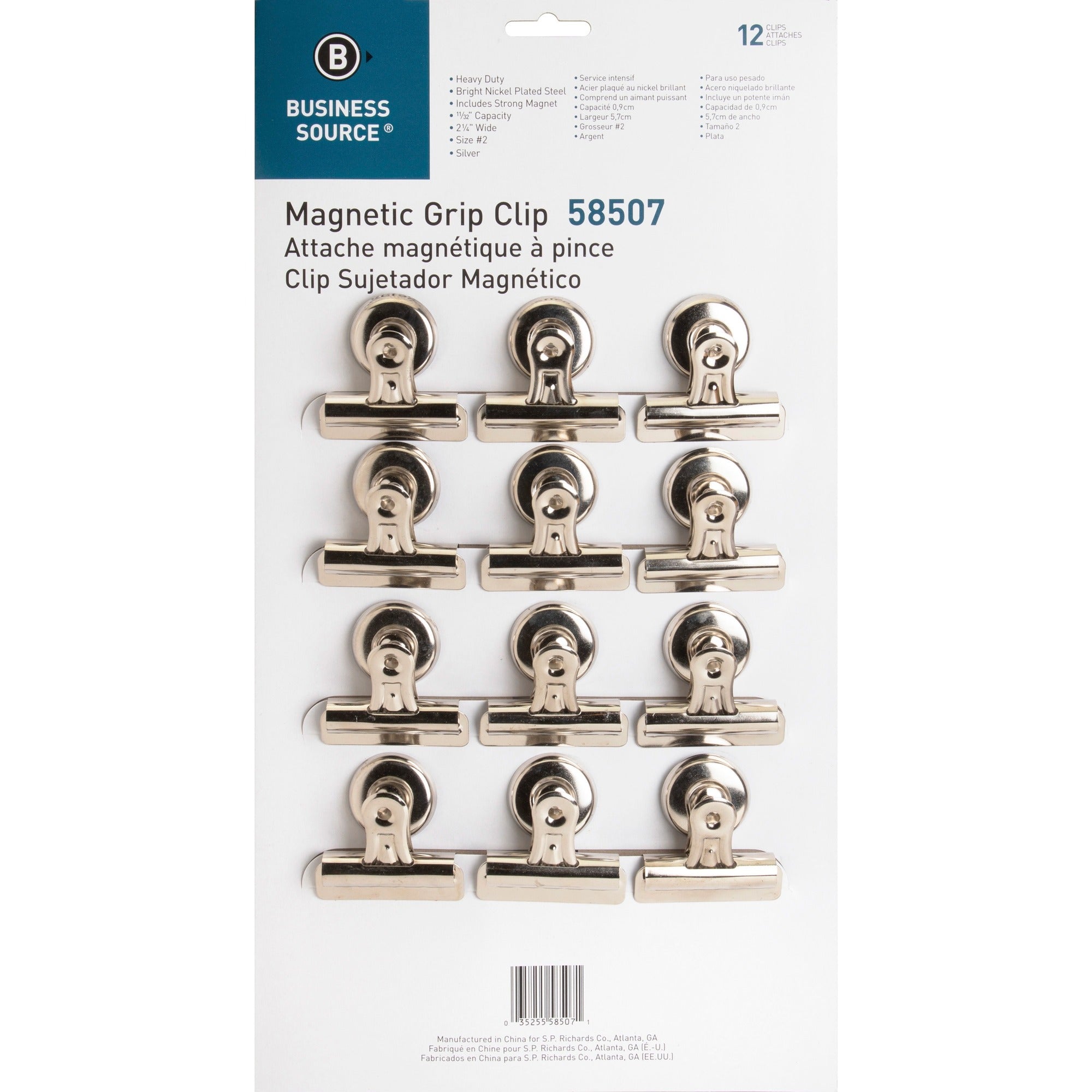 Business Source Magnetic Grip Clips Pack - No. 2 - 2.3" Width - for Paper - Magnetic, Heavy Duty - Silver - 12 / Box