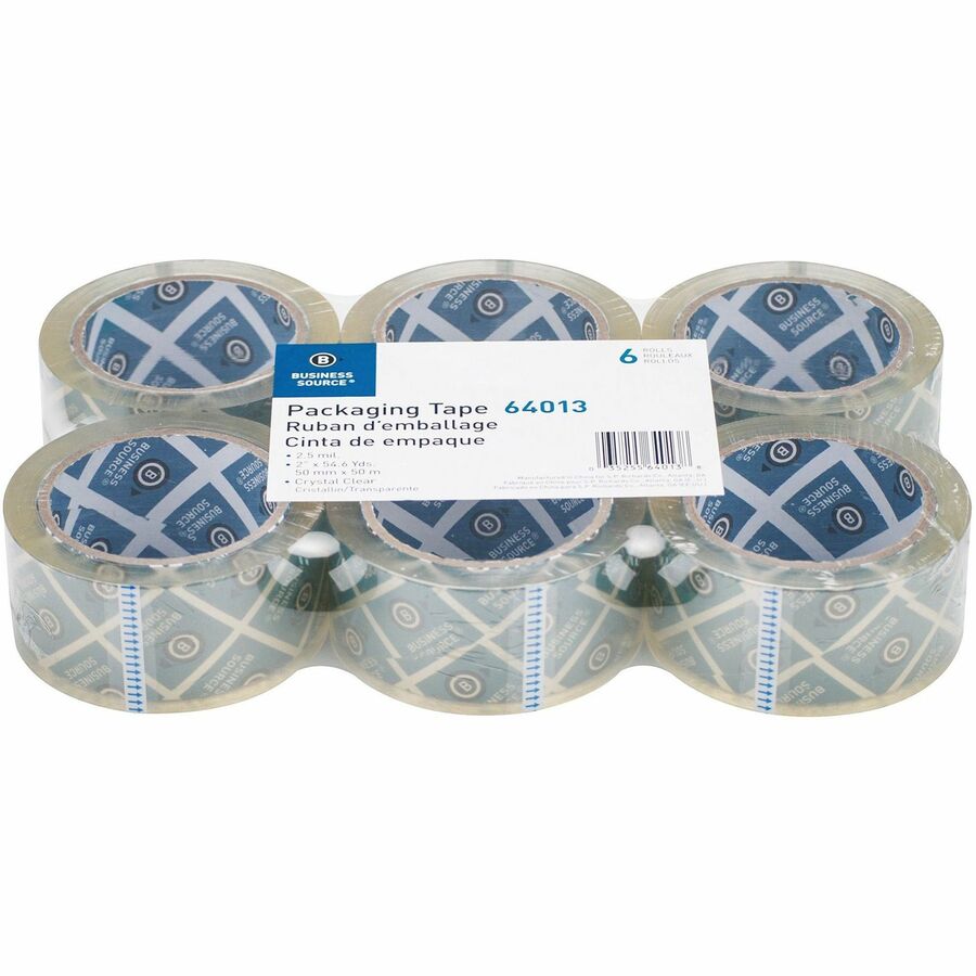 Business Source Crystal Clear Packaging Tape - 55 yd Length x 2" Width - 3" Core - Crystal - Pressure-sensitive Poly - 2.50 mil - Abrasion Resistant, Split Resistant - For Packing - 6 / Pack