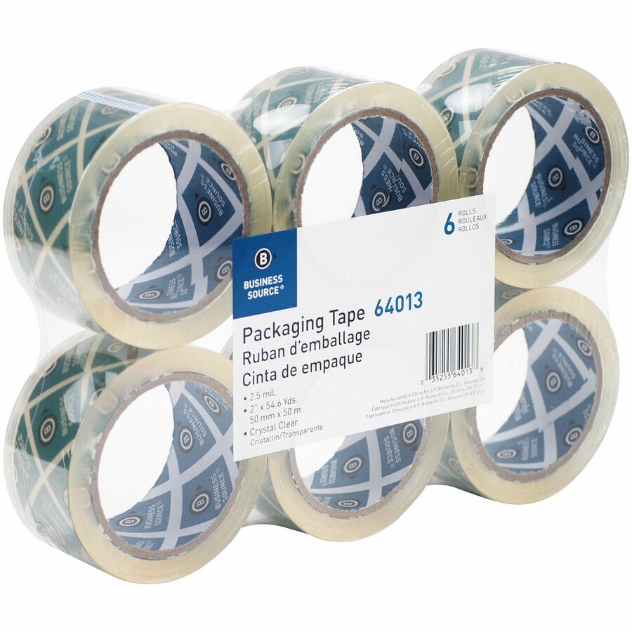 Business Source Crystal Clear Packaging Tape - 55 yd Length x 2" Width - 3" Core - Crystal - Pressure-sensitive Poly - 2.50 mil - Abrasion Resistant, Split Resistant - For Packing - 6 / Pack