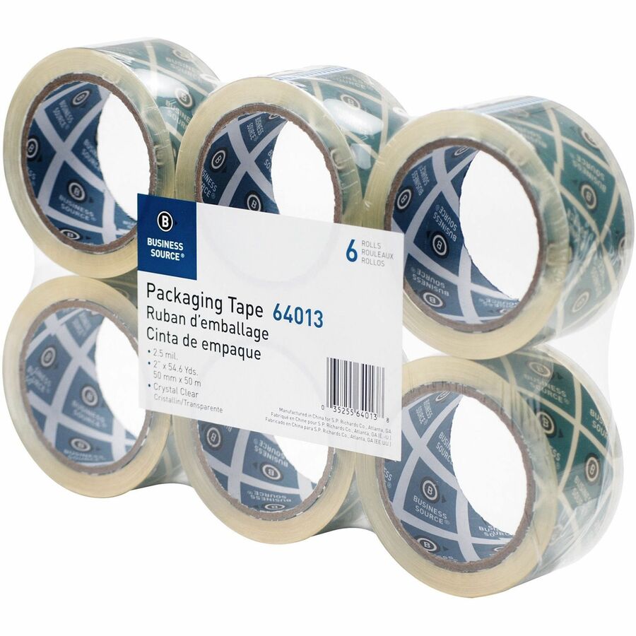 Business Source Crystal Clear Packaging Tape - 55 yd x 2" - 3" Core - 6/Pack