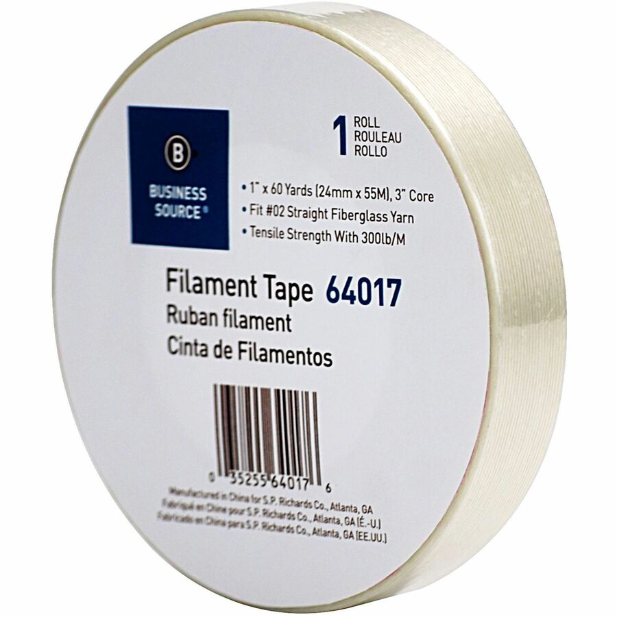 Business Source Heavy-duty Filament Tape - 60 yd Length x 1" Width - 3" Core - White - Fiberglass Filament Roll - 1 Roll