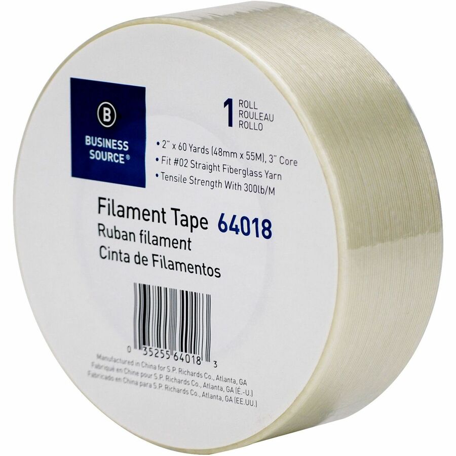 Business Source Heavy-duty Filament Tape - 60 yd Length x 2" Width - 3" Core - White - Fiberglass Filament Roll - 1 Roll