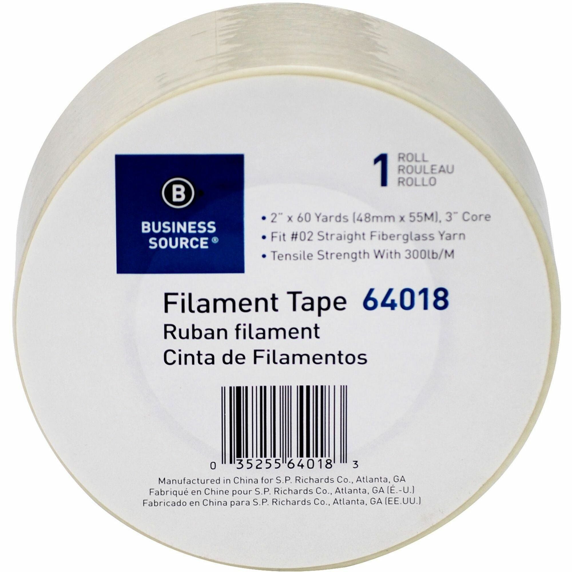 Business Source Heavy-duty Filament Tape - 60 yd Length x 2" Width - 3" Core - White - Fiberglass Filament Roll - 1 Roll