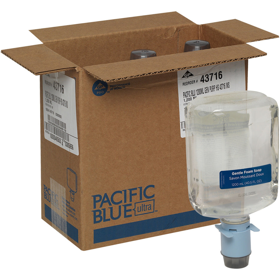 Pacific Blue Ultra Automated Touchless Gentle Foam Hand Soap Dispenser Refills - 1.27 quart - Touchless Dispenser - Dirt Remover, Bacteria Remover - Hand - Clear - Dye-free, Fragrance-free, pH Balanced, Rich Lather, VOC-free, Bio-based - 3 / Carton