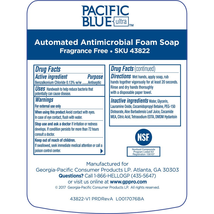 Pacific Blue Ultra Antimicrobial Foam Soap Automated Touchless Dispenser Refills - 1.27 quart - Touchless Dispenser - Kill Germs, Bacteria Remover - Hand - Moisturizing - Clear - Dye-free, Fragrance-free, pH Balanced, Bio-based - 3 / Carton