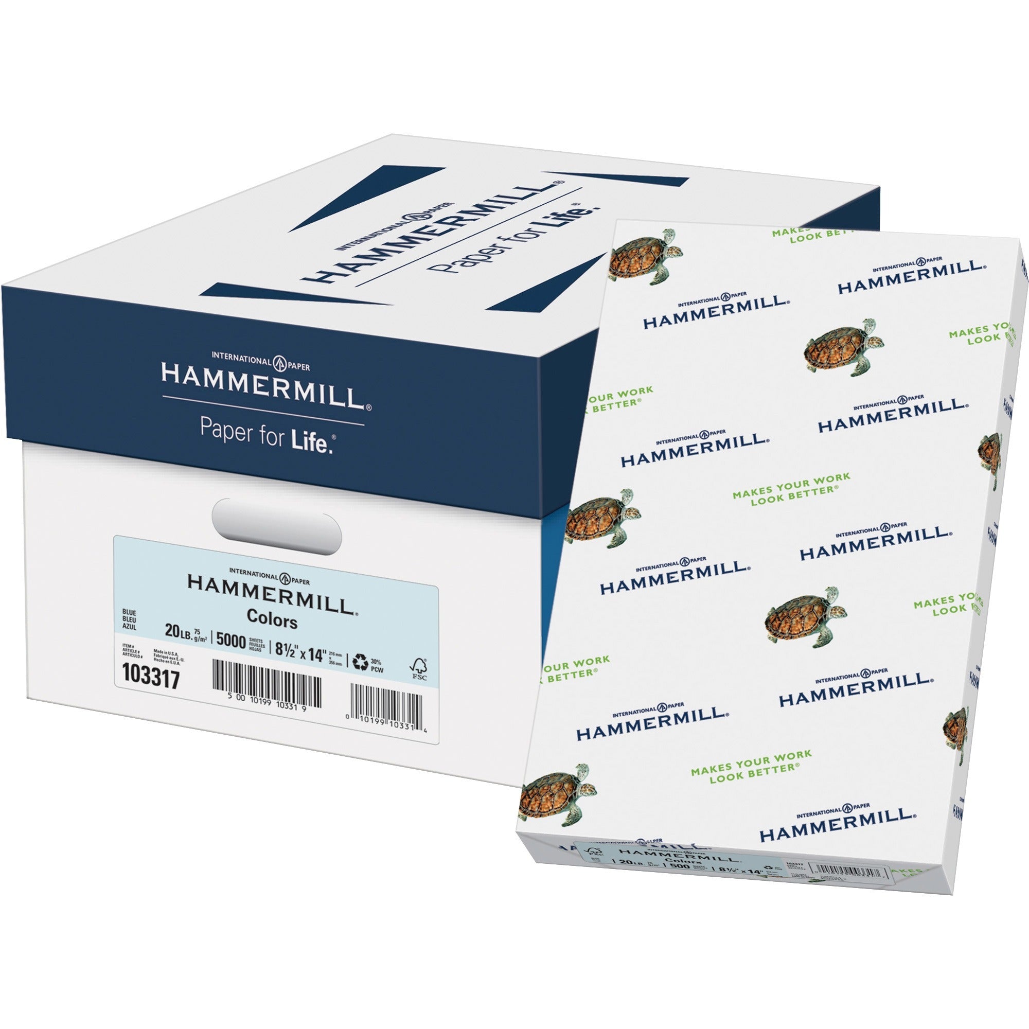 Hammermill Colors Recycled Copy Paper - Blue - Legal - 8 1/2" x 14" - 20 lb Basis Weight - Jam-free - Blue - 500 Sheets per Ream - 10 / Carton