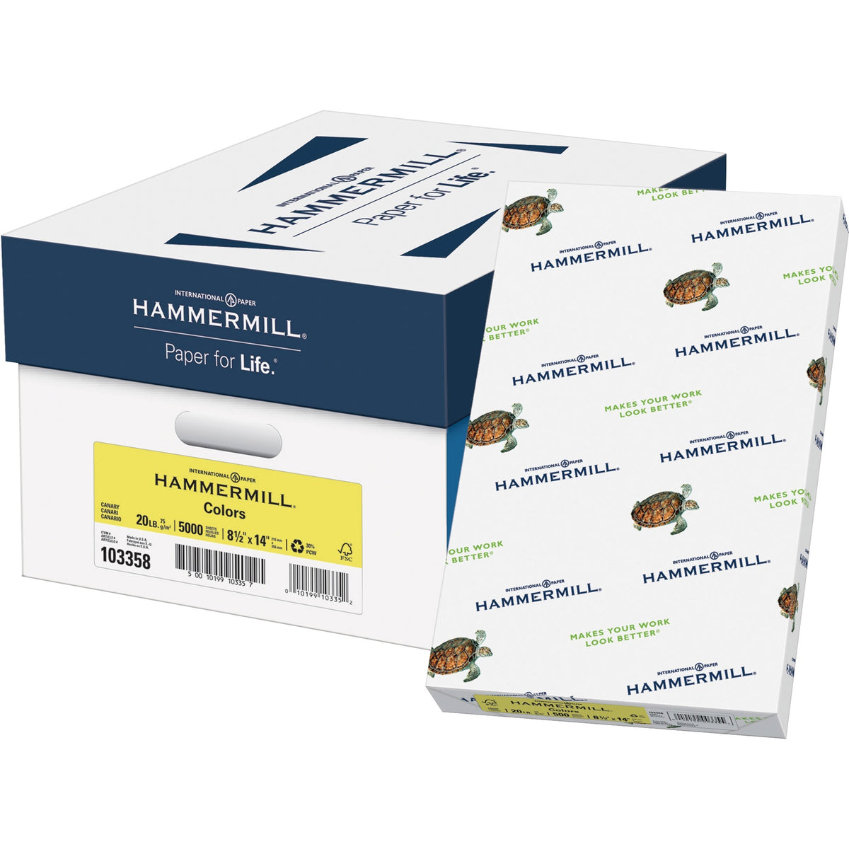 Hammermill Colors Recycled Copy Paper - Canary - Legal - 8 1/2" x 14" - 20 lb Basis Weight - Jam-free - Canary - 500 Sheets per Ream - 10 / Carton