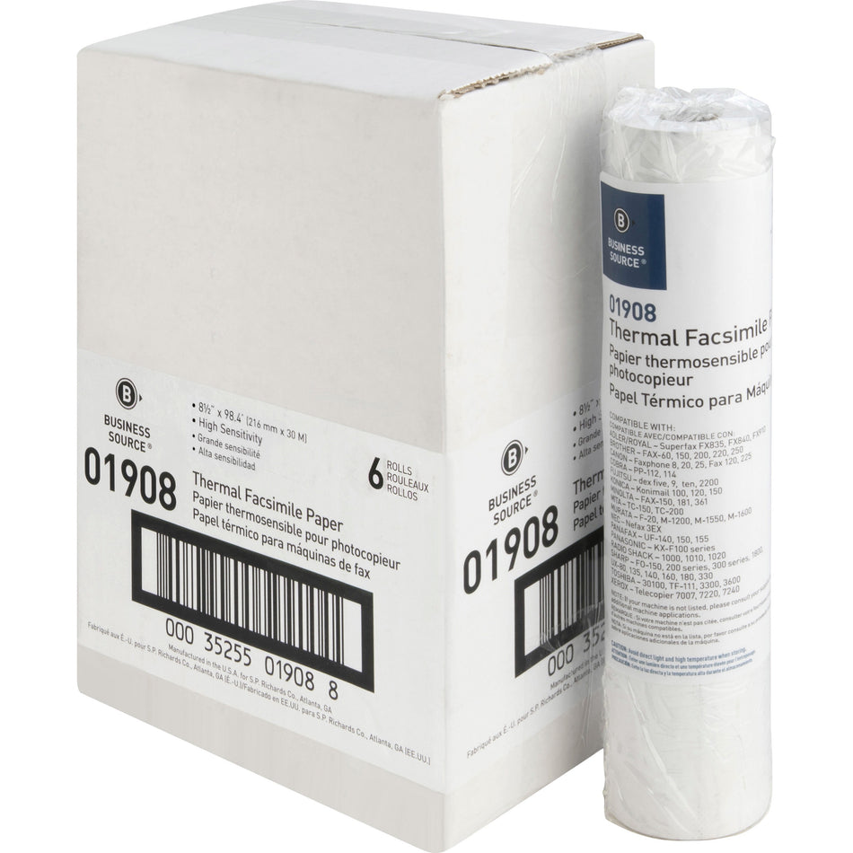 Business Source Thermal Fax Paper Rolls - 8 1/2" x 98 ft - 55 g/m² Grammage - White - 6 / Carton