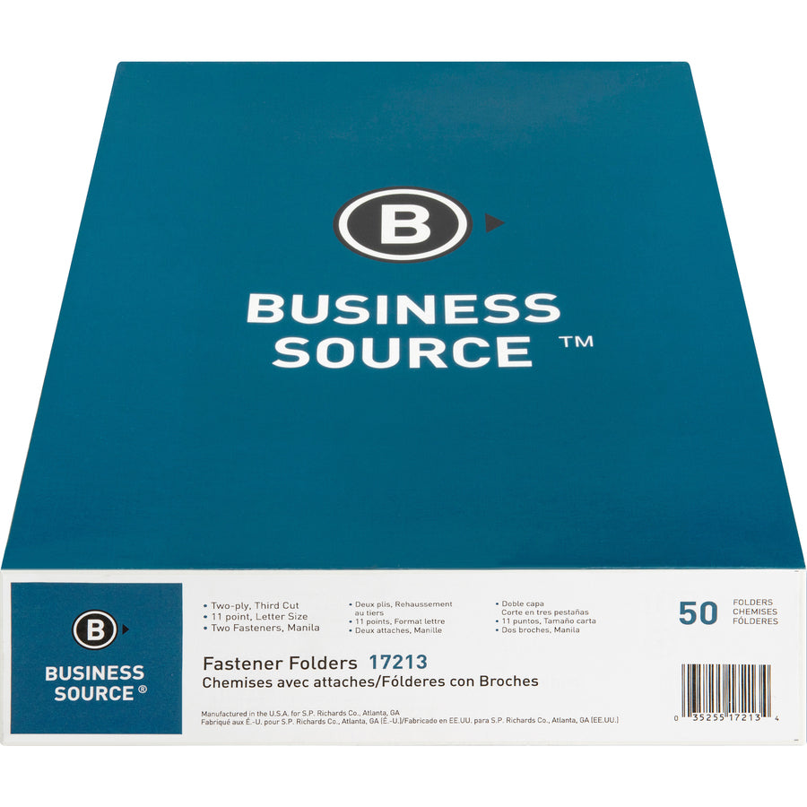 Business Source 1/3 Tab Cut Letter Recycled Fastener Folder - 8 1/2" x 11" - 2 Fastener(s) - 10% Recycled - 50 / Box