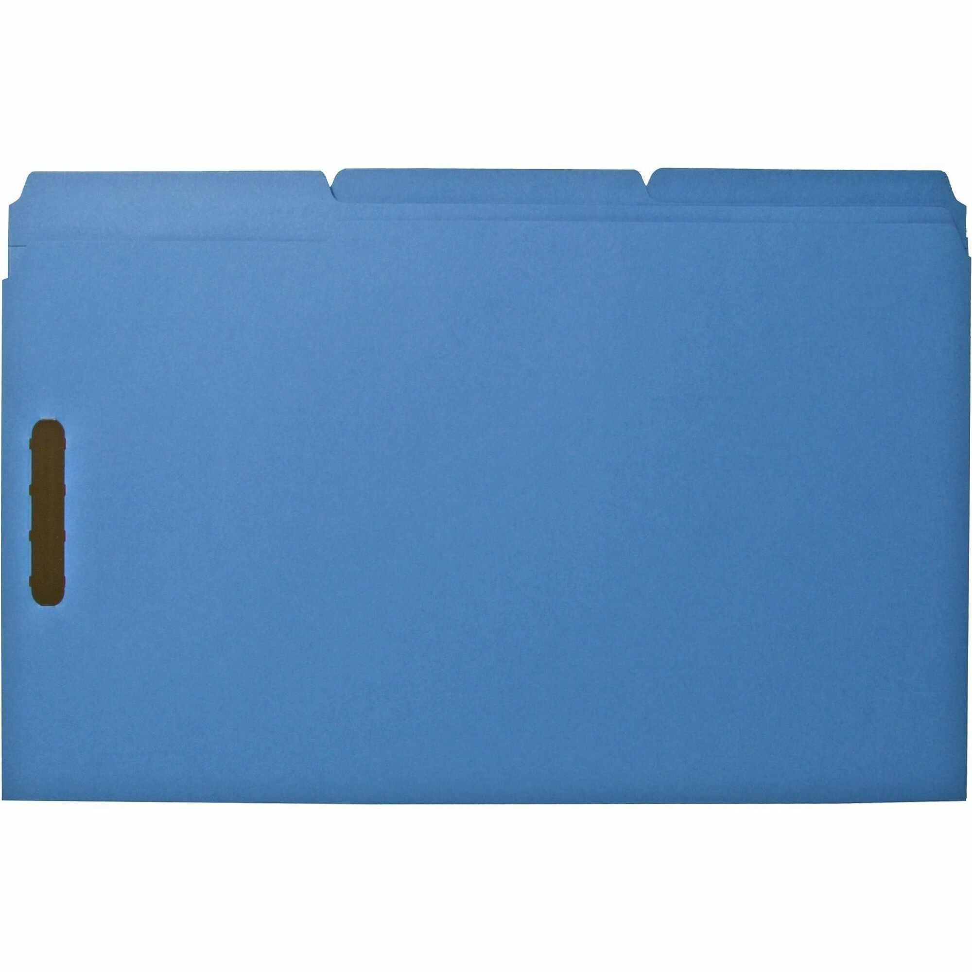 Business Source 1/3 Tab Cut Legal Recycled Fastener Folder - 8 1/2" x 14" - 3/4" Expansion - 2 Fastener(s) - 2" Fastener Capacity - Top Tab Location - Assorted Tab Position - 11 pt. - Blue - 10% Recycled - 50 / Box