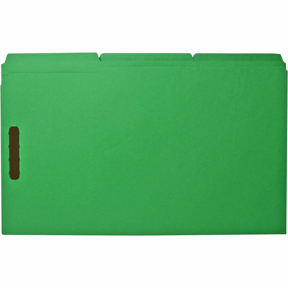 Business Source 1/3 Tab Cut Legal Recycled Fastener Folder - 8 1/2" x 14" - 3/4" Expansion - 2 Fastener(s) - 2" Fastener Capacity - Top Tab Location - Assorted Tab Position - 11 pt. - Green - 10% Recycled - 50 / Box