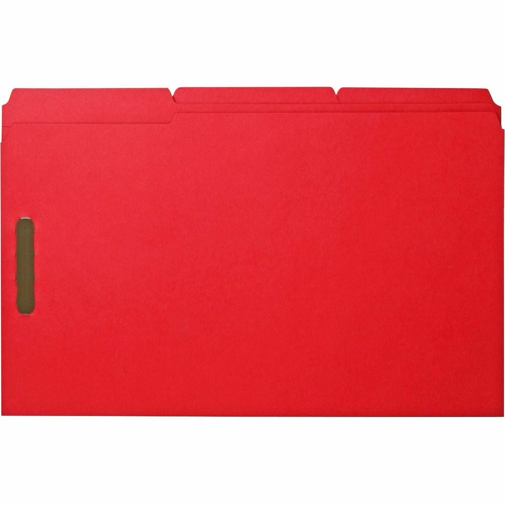 Business Source 1/3 Tab Cut Legal Recycled Fastener Folder - 8 1/2" x 14" - 3/4" Expansion - 2 Fastener(s) - 2" Fastener Capacity - Top Tab Location - Assorted Tab Position - 11 pt. - Red - 10% Recycled - 50 / Box