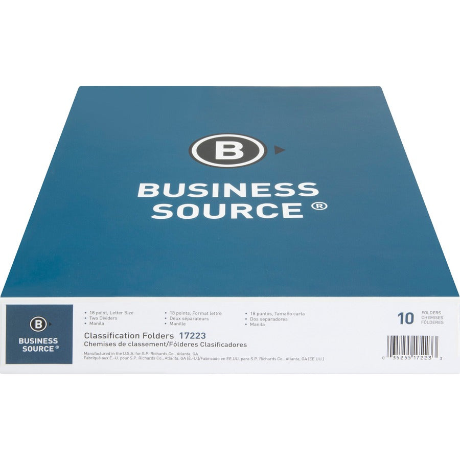 Business Source Letter Recycled Classification Folder - 8 1/2" x 11" - 2" Expansion - 2" Fastener Capacity - 2 Divider(s) - 18 pt. - 10% Recycled - 10 / Box
